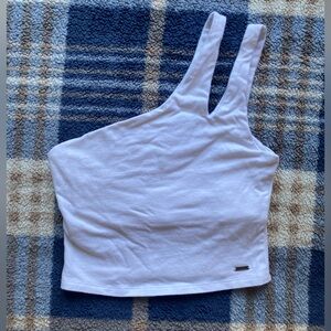 White asymmetrical extra coverage crop top